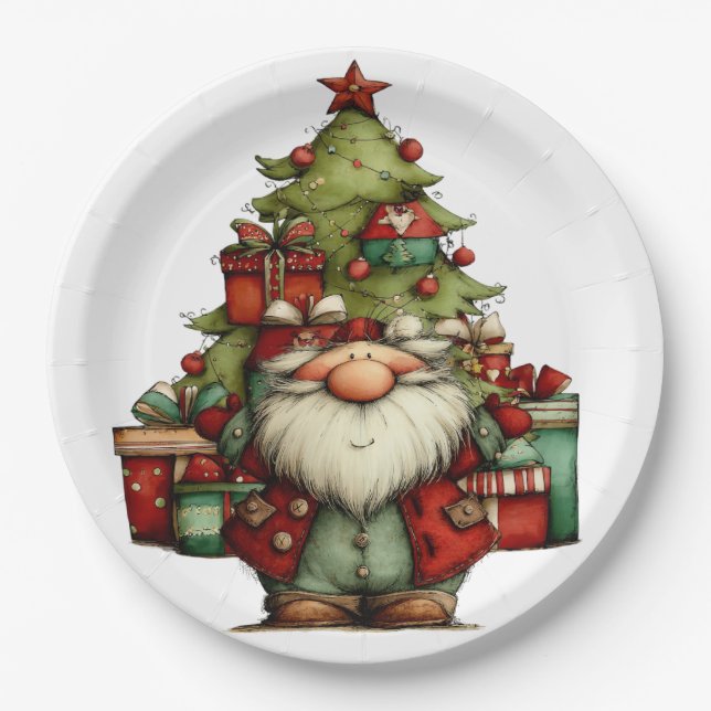 Launiger Weihnachtsmann mit Baum Pappteller (Vorderseite)
