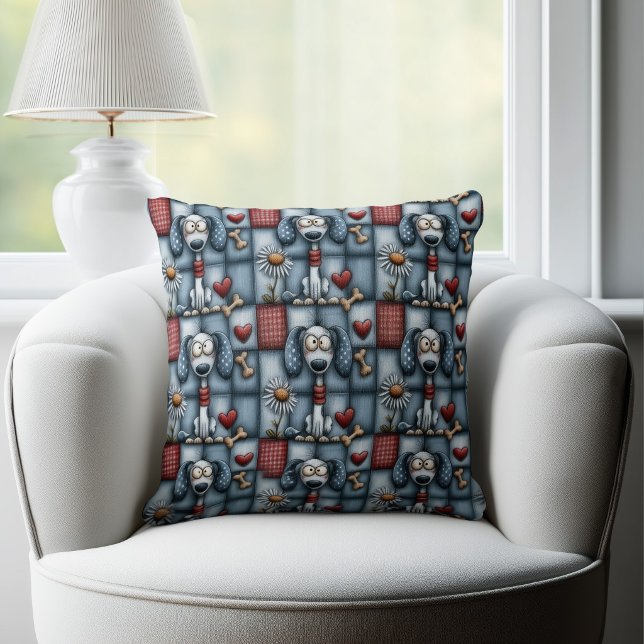 Launiges Blaues Patchwork-Hundemuster Kissen (Von Creator hochgeladen)