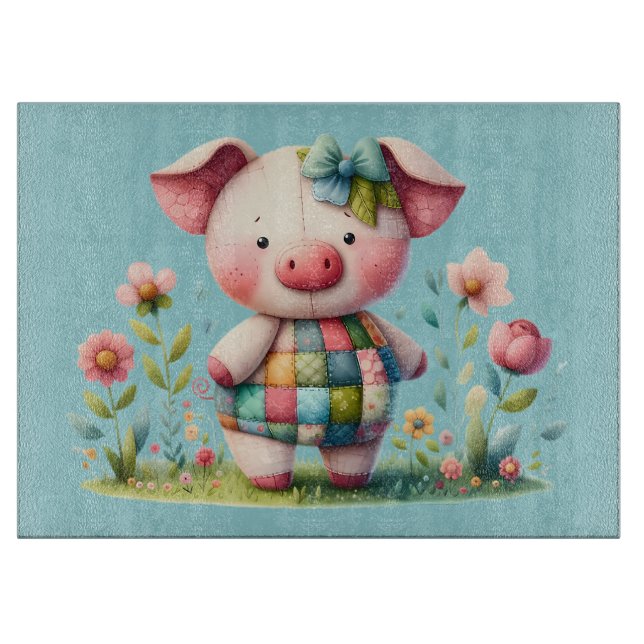 Launiges Patchwork-Schwein im Blumen Garten Schneidebrett (Vorderseite)