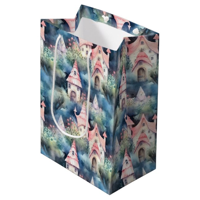 Launiges Pilzhaus-Muster (8) Mittlere Geschenktüte (Vorderseite Schrägansicht)