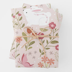 Launiges Rosa Kaninchen und Blumenaue Geschenkpapier Set