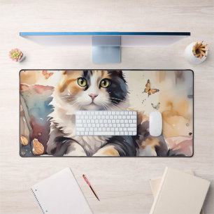 Launische Aquarell-Dreiecks-Katze und Schmetterlin Schreibtischunterlage