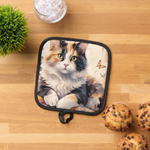 Launische Aquarell-Kaliko-Katze und Schmetterlinge Topflappen