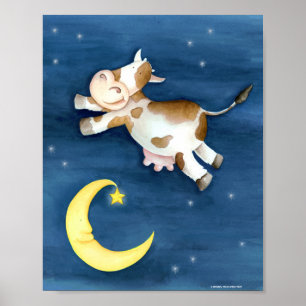 Launische Aquarellkunst: Kuh springt über den Mond Poster