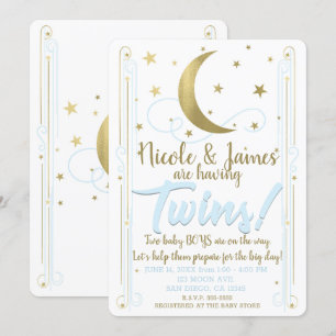 Launische Blaue Goldene Mond Sterne Zwillings-Baby Einladung
