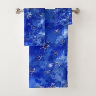 Launische Blaue Wasserfarbe Gold Bronze Mond Stern Badhandtuch Set
