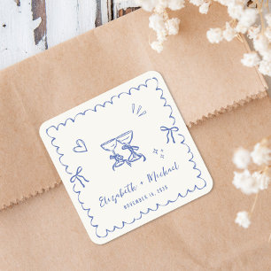 Launische Blaue Wellige Rahmen Creme Hochzeit Quadratischer Aufkleber