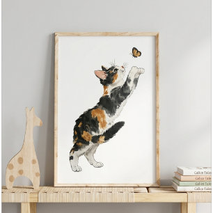 Launische Calico-Katze und Schmetterling Aquarell Poster