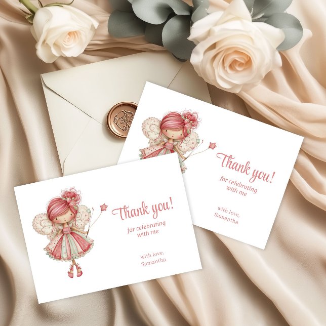 Launische Feen-Rosafarbenen Blumen 7. Geburtstag Dankeskarte (Whimsical Fairy Blush Pink Flowers 7th Birthday Thank You Card)