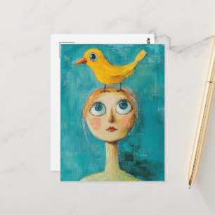 Launische Frau mit gelbem Vogel auf dem Kopf Postkarte