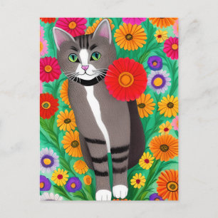 Launische graue und weiße Katzen und rote Blume Postkarte