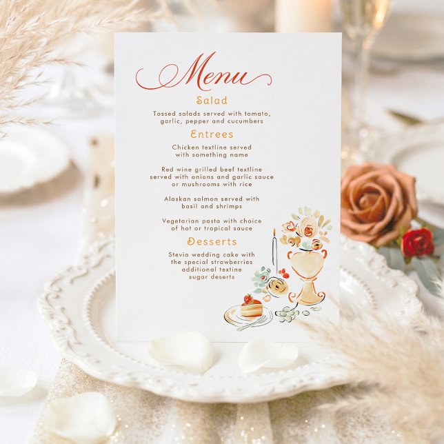 Launische handgezeichnete erdige Herbst-Hochzeitsm Menükarte (Hand Illustrated Wedding Menu Card With Terracotta Earthy Retro Scene)