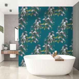 Launische hängende Blumen und Blätter Dunkles Teal Tapete