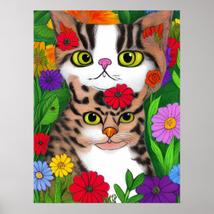 Launische Katze und Kätzchen Volkskunst Bunt  Poster