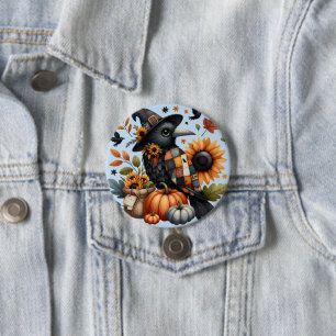 Launische Krähe mit Kürbissen und Sonnenblumen Button