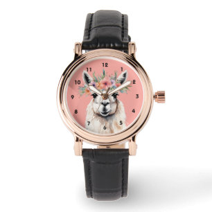 Launische Llama-Blumen-Zen-Farm Rosa Armbanduhr