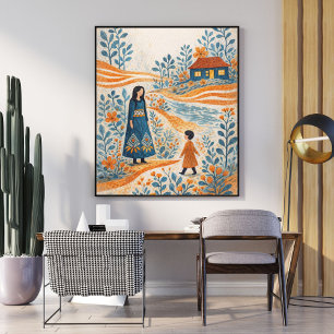 Launische Mutter-und-Kind-Volksillustration Poster