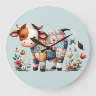 Launische Patchwork-Kuh mit floralen Akzenten Große Wanduhr