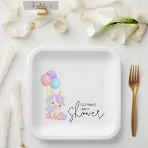 Launische Regenbogen-Einhorn-Baby-Shower-Party Pappteller