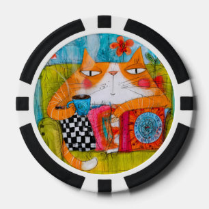 Launische rote Katze mit Teetasse Pokerchips