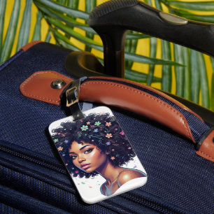 Launische Schwarze Frau mit Blumen im Afro Gepäckanhänger
