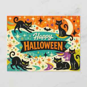 Launische schwarze Katze Atomic Age Halloween Feiertagspostkarte