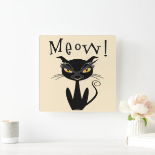 Launische schwarze Katze Miauen! Quadratische Wanduhr