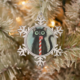 Launische schwarze Katze mit Lebkuchen-Xmas Schneeflocken Zinn-Ornament