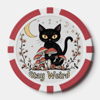 Launische schwarze Katze, umrahmt von roten Pilzen Pokerchips