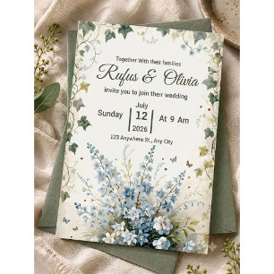 Launische staubblaue Blumen- und Efeu-Hochzeit Einladung