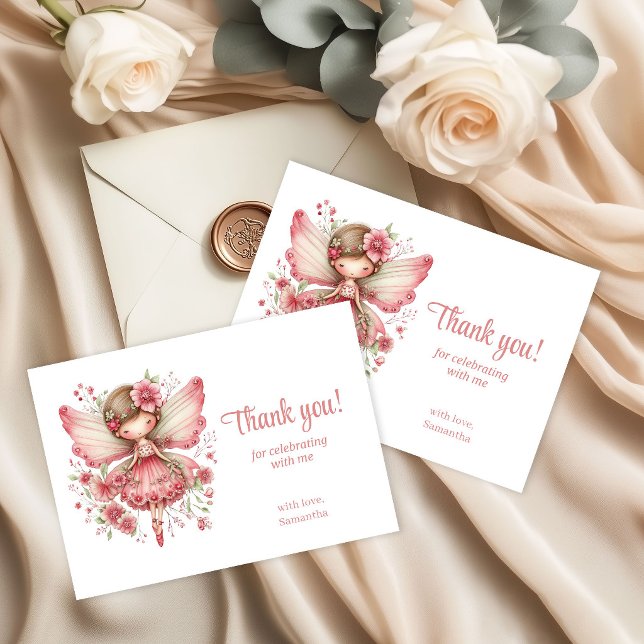 Launische Süße Errötende Feen Blumen 7. Geburtstag Dankeskarte (Whimsy Cute Blush Fairy Flowers 7th Birthday Thank You Card)
