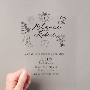 Launische Süße Kritzeleien Schwarz Weiße Hochzeit Acryleinladungen