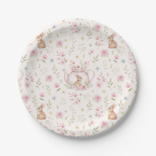 Launische Teekanne mit Häschen Frühlingsblumenmust Pappteller