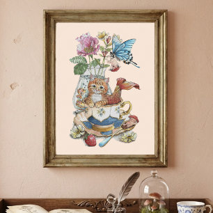 Launische Wasserfarbe Purrmaid Teetassen-Blumen Poster