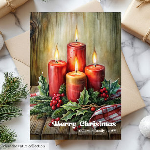Launische Weihnachtskerzen rustikaler Kiefernkranz Feiertagskarte