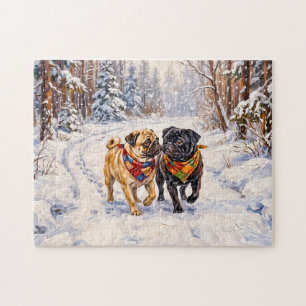 Launische Winterwald-Mops-Hunde-Illustration