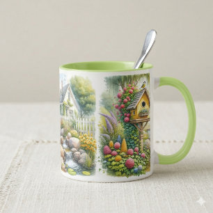 Launischer Cottage-Garten-Vogelhaus-Bach Tasse
