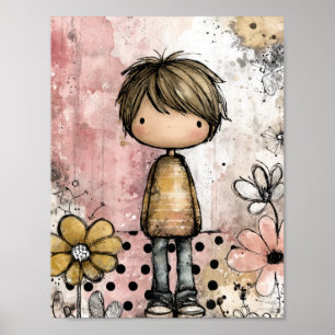 Launischer Junge mit Aquarell und floralen Akzente Poster