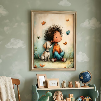 Launischer Junge und Hund Schmetterling Poster