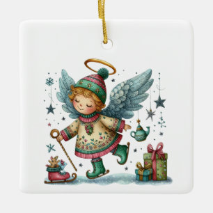 Launischer Weihnachtsengel auf Schlittschuhen Keramikornament