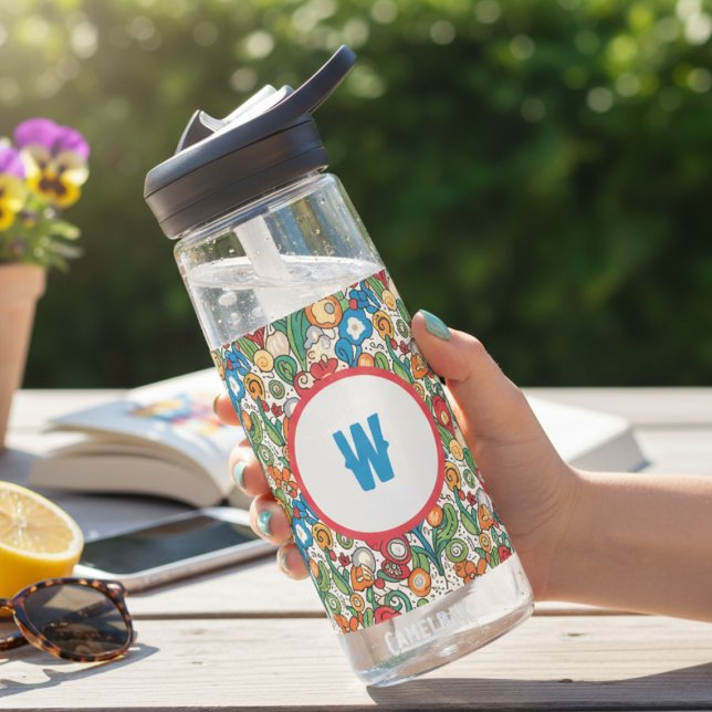 Launisches Blumen-Doodle-Muster mit Monogramm Trinkflasche (Whimsical floral initial water bottle)