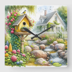 Launisches Cottage-Garten-Vogelhaus-Bächlein Quadratische Wanduhr