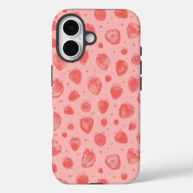 Launisches Erdbeermuster auf Rosa iPhone 16 Hülle (Rückseite)
