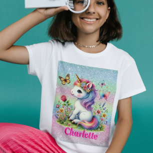 Launisches Glitzer-Blumen-Einhorn-T-Shirt T-Shirt