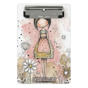 Launisches Mädchen Aquarell mit floralen Akzenten Mini Klemmbrett