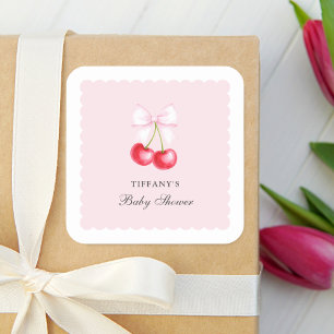 Launisches Mädchen-Baby-Shower mit Kirsche obendra Quadratischer Aufkleber