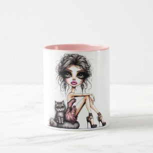 Launisches Mädchen Große Augen Mit Katze Tasse