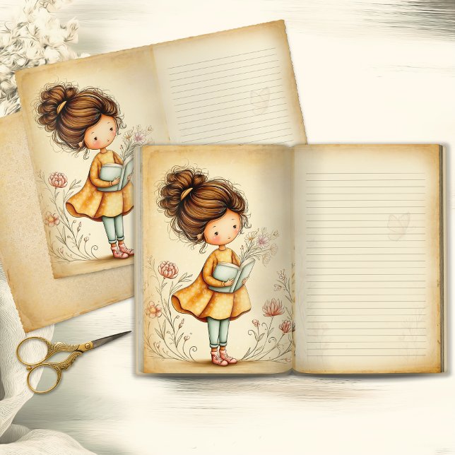 Launisches Mädchen mit Buch Junk Journal Seite (Von Creator hochgeladen)