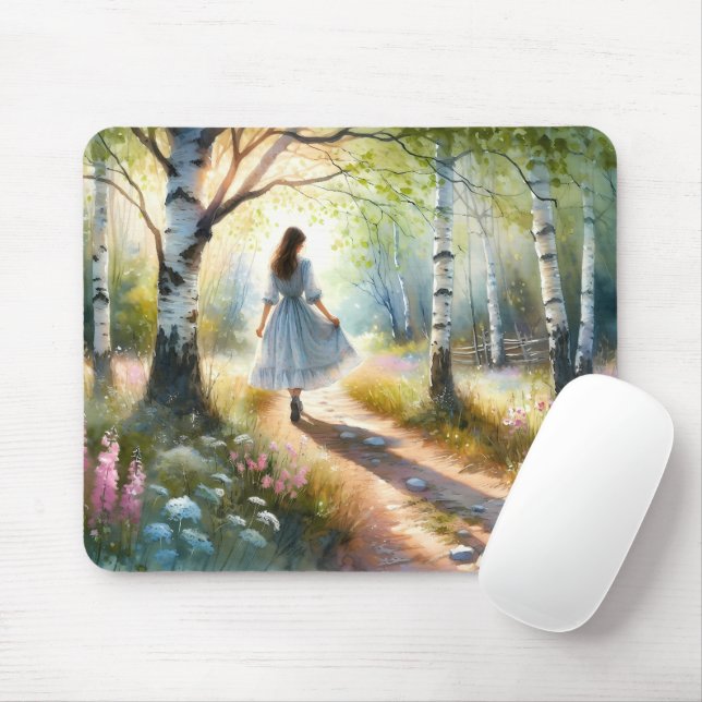 Launisches Mädchen tanzt durch Birkenwald Mousepad (Mit Mouse)