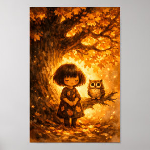 Launisches Mädchen und Eule - Eichenbaum Herbst Öl Poster